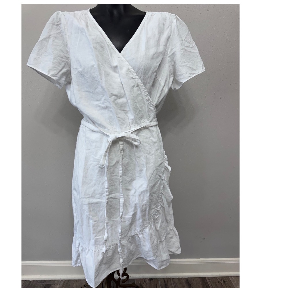 Gap Ruffle Wrap Dress XL Tall White Linen Blend Short Sleeve V-Neck Mini